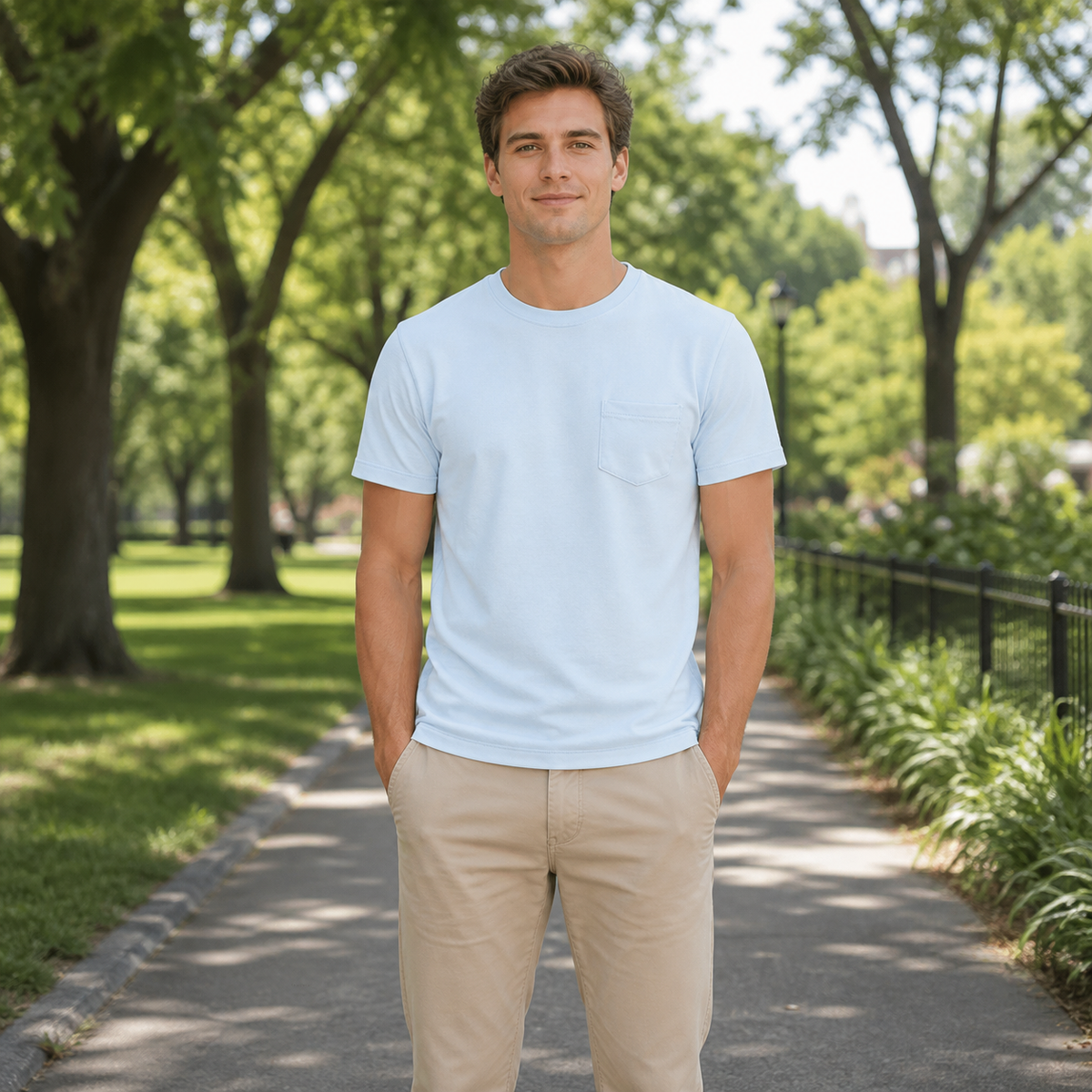 Polera celeste bolsillo adulto algodón peruano