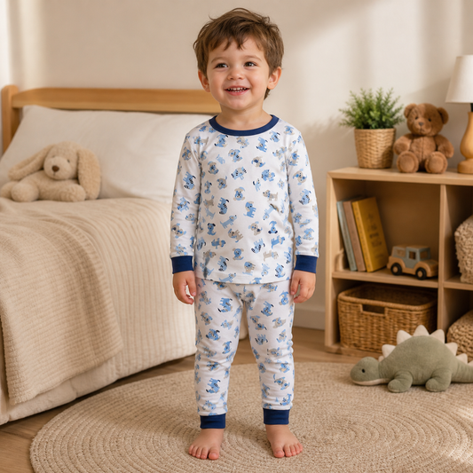 Pijama blanco perritos azules algodón peruano