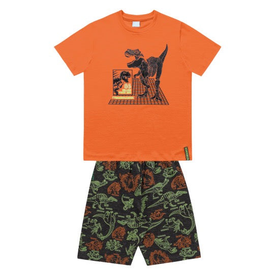 Conjunto polera naranja y short dinosaurio algodón