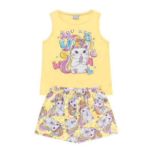 Pijama corto amarillo algodón gatos fotoluminiscente