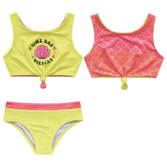 Traje de baño niña amarillo fucsia reversible