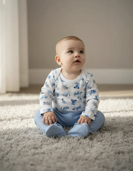 Pack body blanco celeste perritos algodón peruano