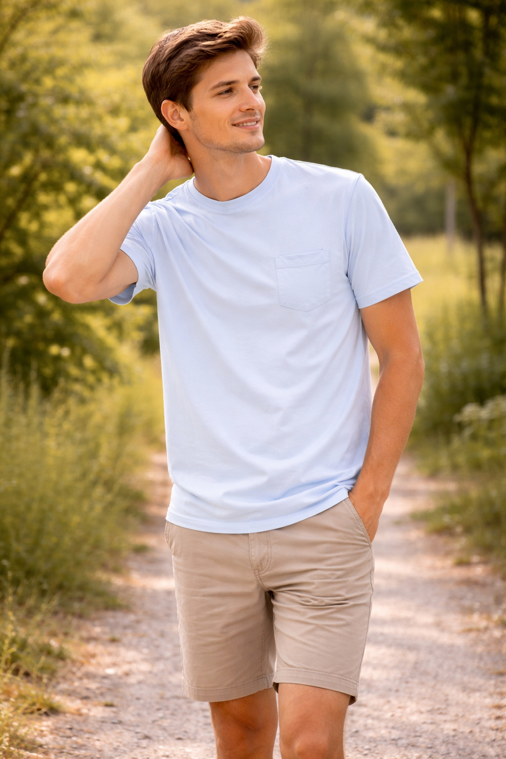 Polera celeste bolsillo adulto algodón peruano