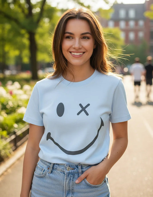 Polera celeste smile adulto algodón peruano